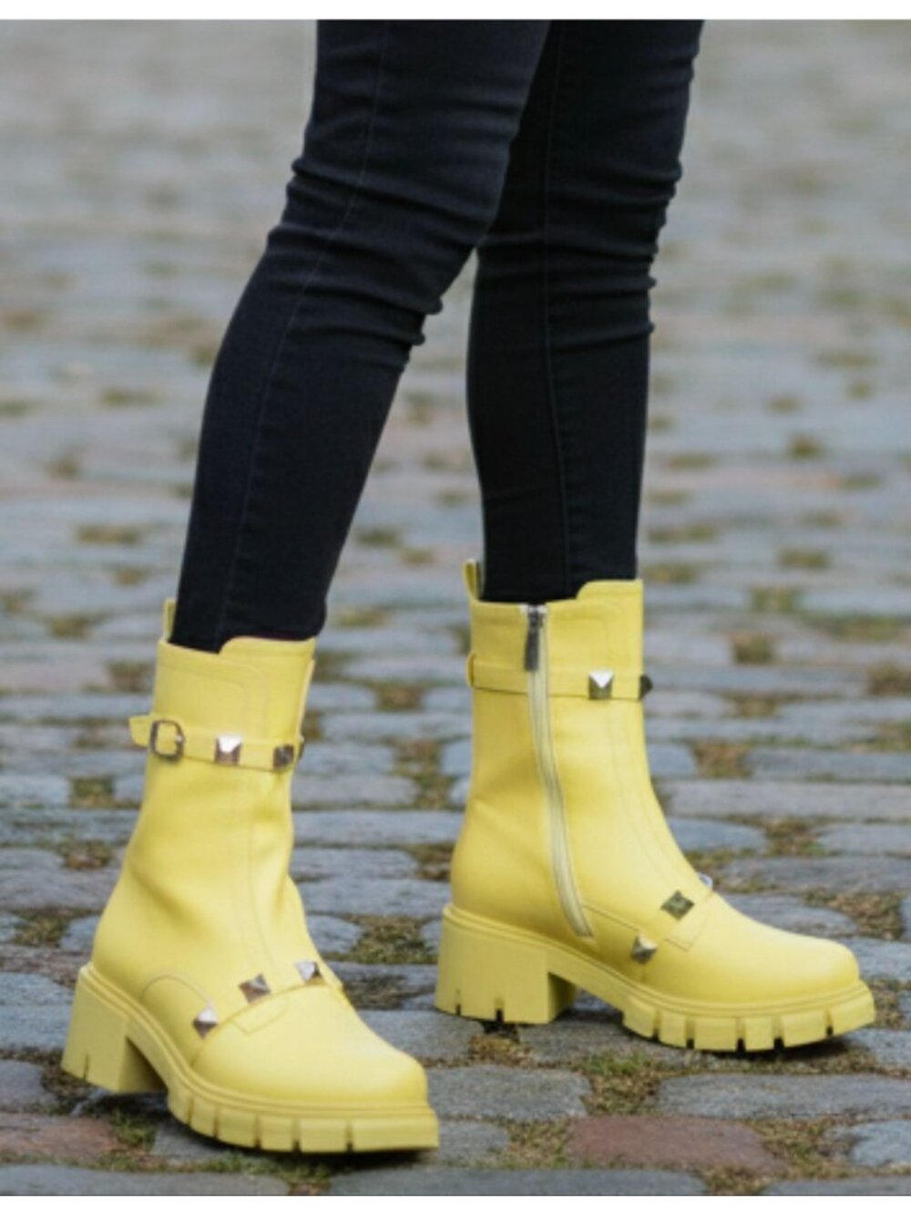 Yellow Studded Chunky Heel Ankle Boots Womens Zip Platform Combat Style